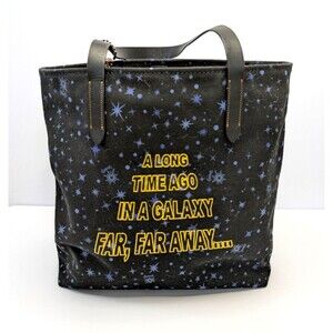 Coach X Star Wars Black Tote With Blue Starry Print And Gold Scroll Print F88308